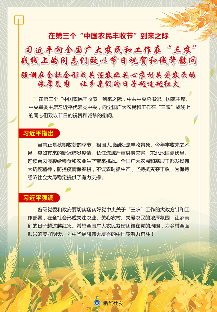 习近平向全国广大农民和工作在“三农”战线上的同志们致以节日祝贺和诚挚慰问(图1) 习近平向全国广大农民和工作在“三农”战线上的同志们致以节日祝贺和诚挚慰问(图1)
