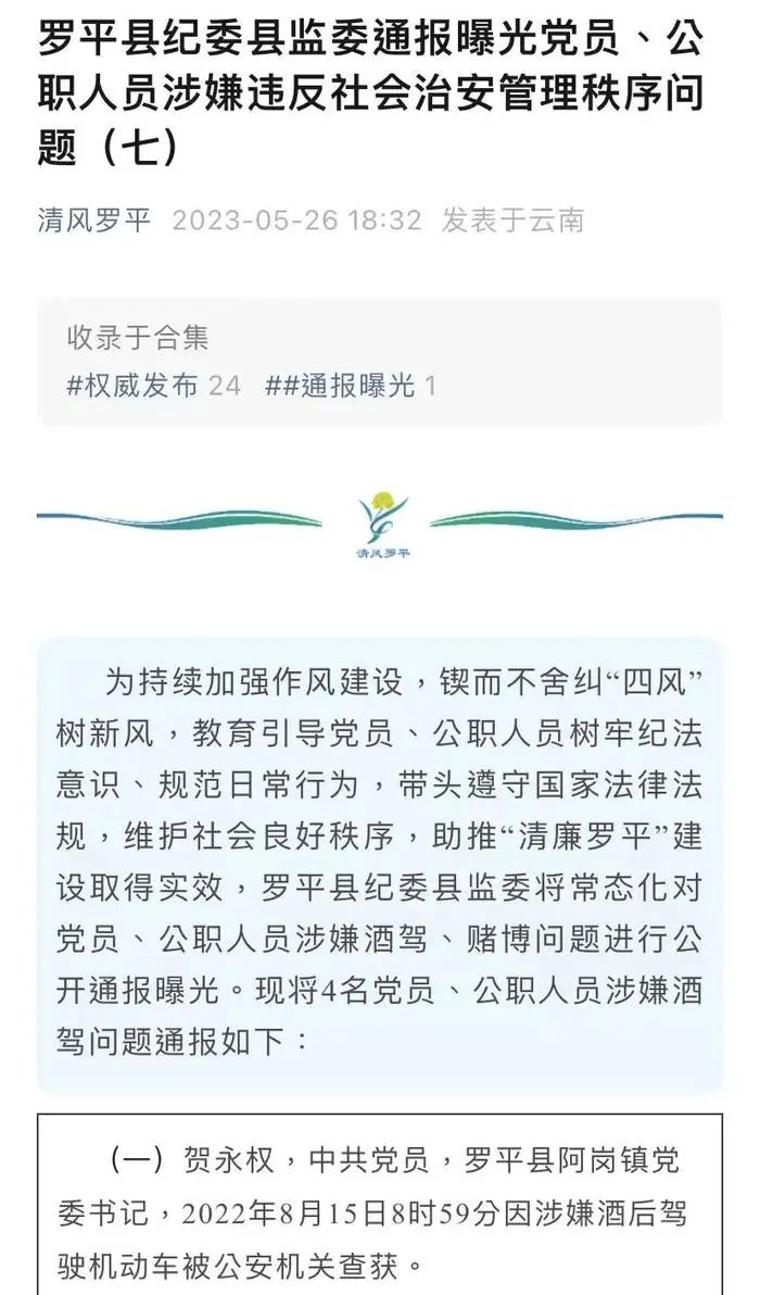 镇长酒驾被查3个月后升职了!官方通报:免职,已立案审查 北京青年报 2023-05-31 17:43 发表于北京 图片 近日,有媒体报道称云南省曲靖市罗平县阿岗镇党委书记贺永权涉嫌酒驾。5月30日,记者从罗平县相关部门获悉,目前贺永权因未执行重大事项请示报告制度已被免职。 镇长酒驾被查3个月后升职 5月24日,云南曲靖市罗平县纪委监委的一份通报引起广泛关注。 通报披露,罗平县阿岗镇党委书记贺永(图1) 1.jpg