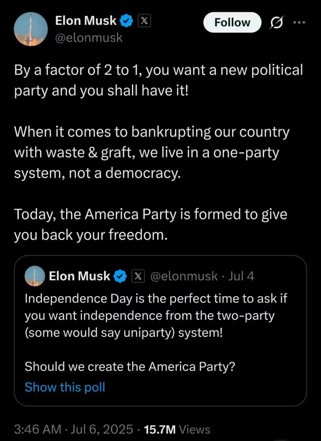 马斯克:“美国党”成立(图2) 马斯克:“美国党”成立(图2)